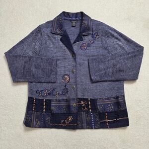 T&Company L Embroidered Knit Patchwork Button Front Jacket Long Sleeve Blue